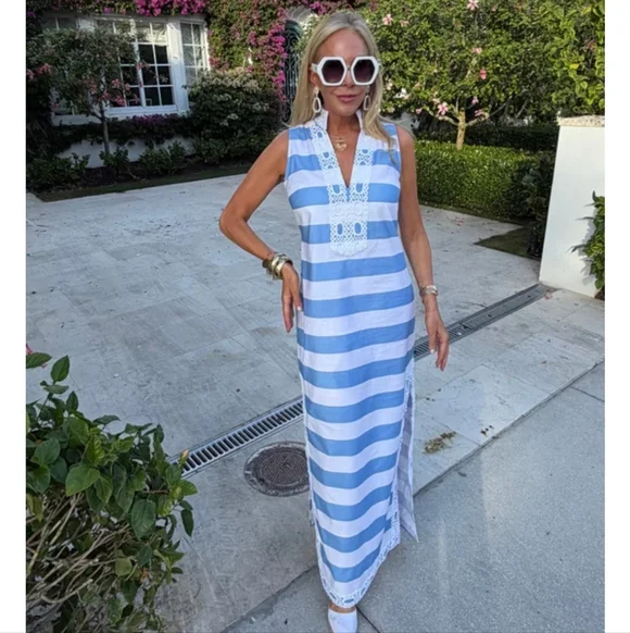 STS SAIL TO SABLE Column Notch Collar Sleeveless Maxi Dress Blue White Striped - Picture 11 of 15